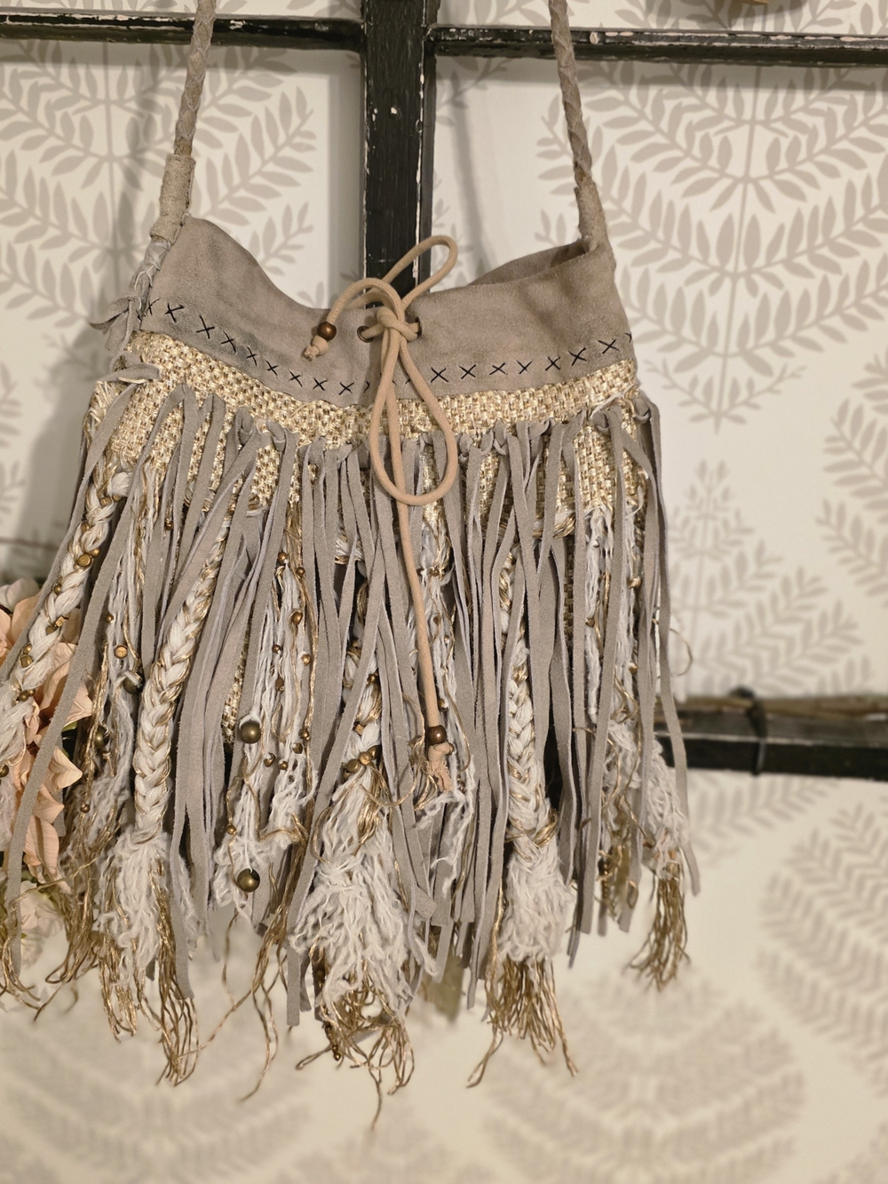 Free People Taupe Fringe Boho Crossbody with Braided Trim